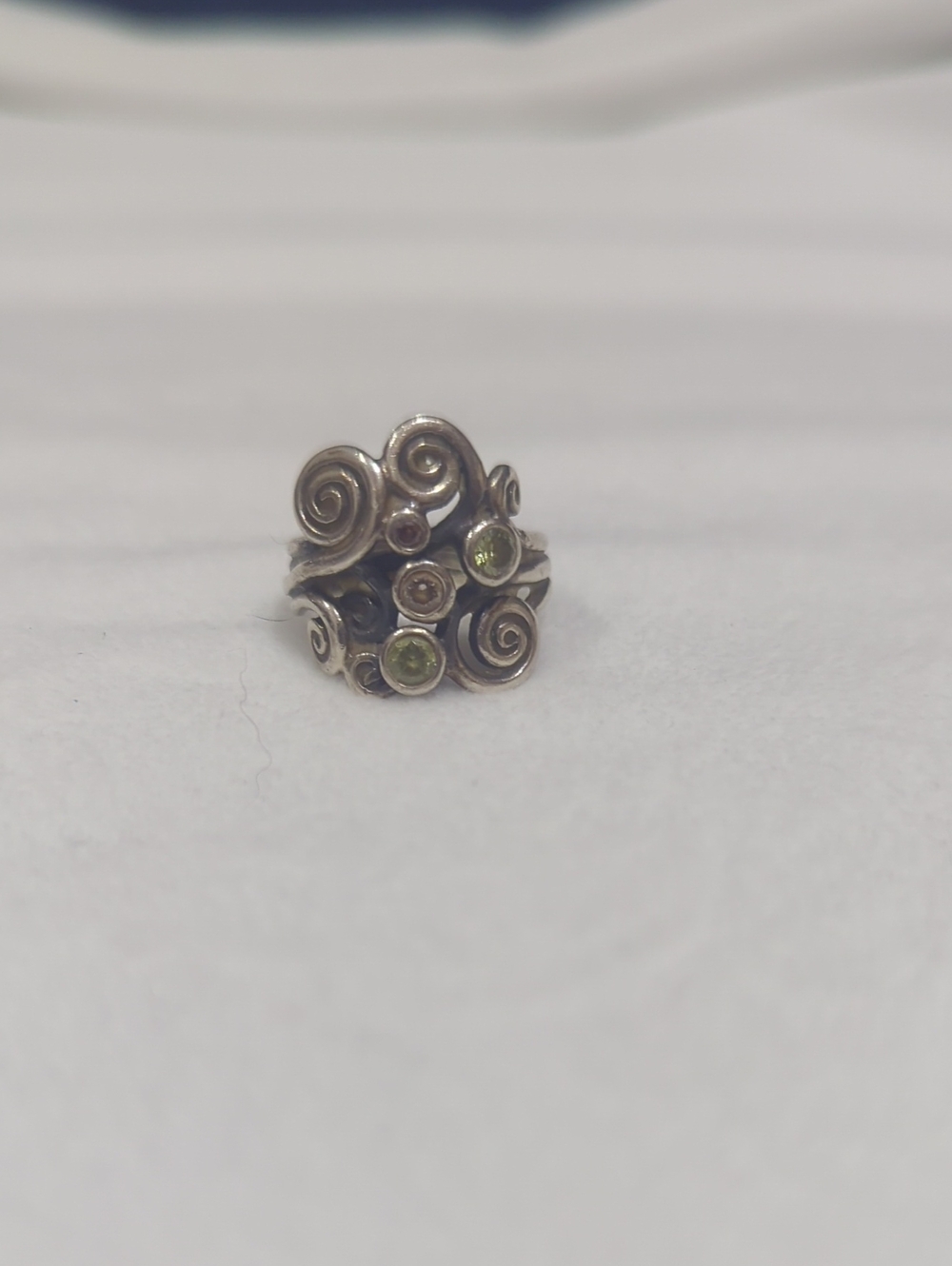 Silver Swirl Ring with Green Gemstones - Women Jewelry